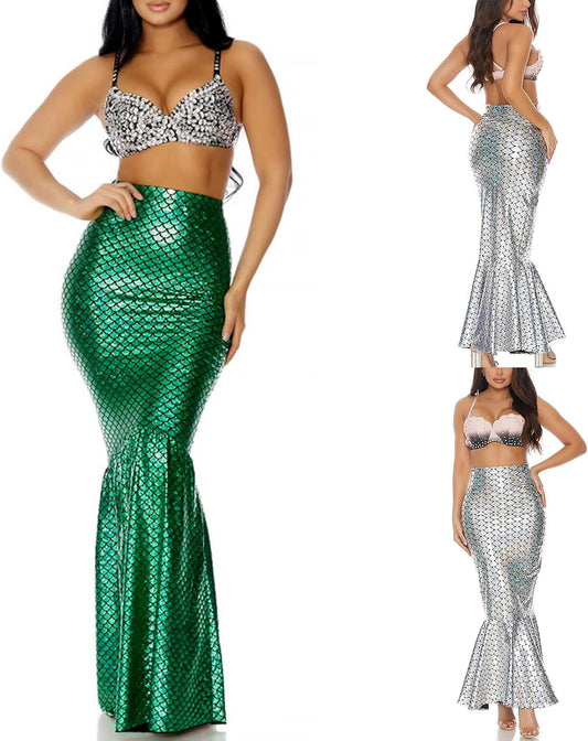 Women's Halloween Mermaid Costume Skirt Sexy High Waisted Fish Tail Skirt Cosplay Fancy Sequins Fishtail Long Skirt