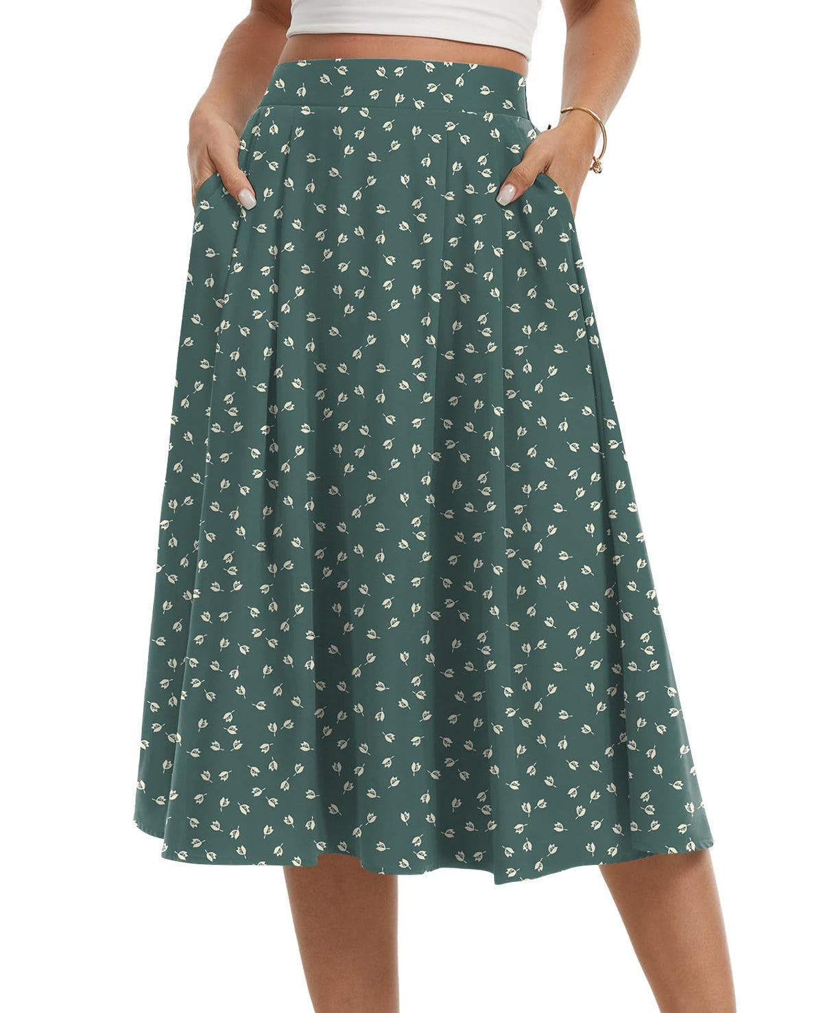 Womens Midi Flowy Skirts A-Line Casual Skirt with Pockets S-2XL