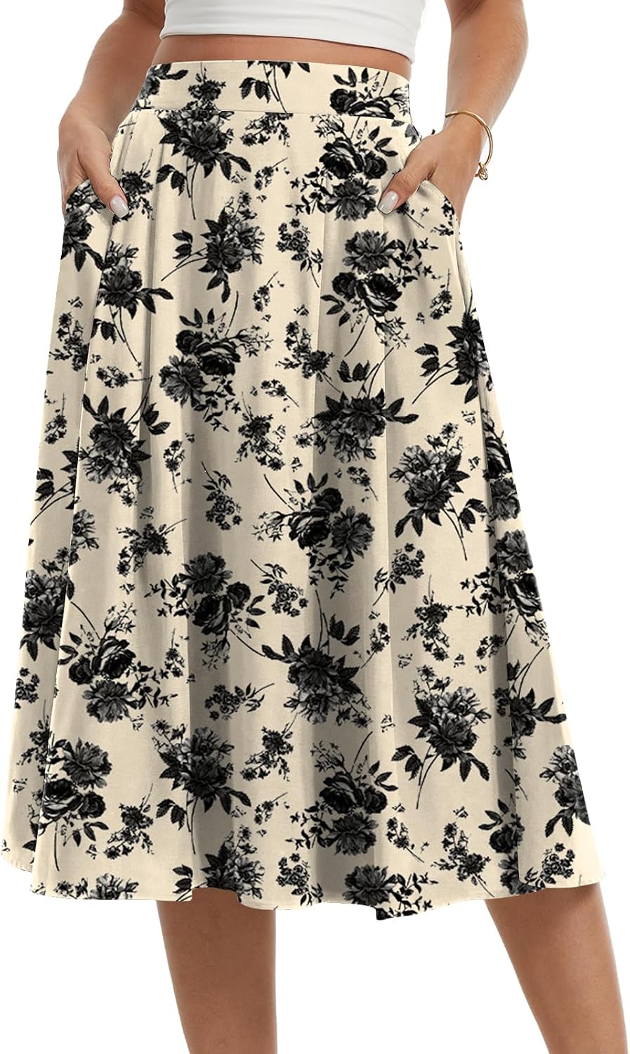 Womens Midi Flowy Skirts A-Line Casual Skirt with Pockets S-2XL