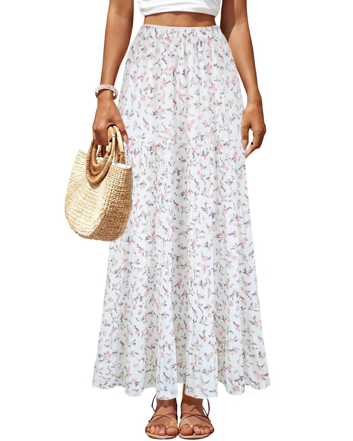 Women's Chiffon Pleated Maxi Skirt High Waist White Long Skirts