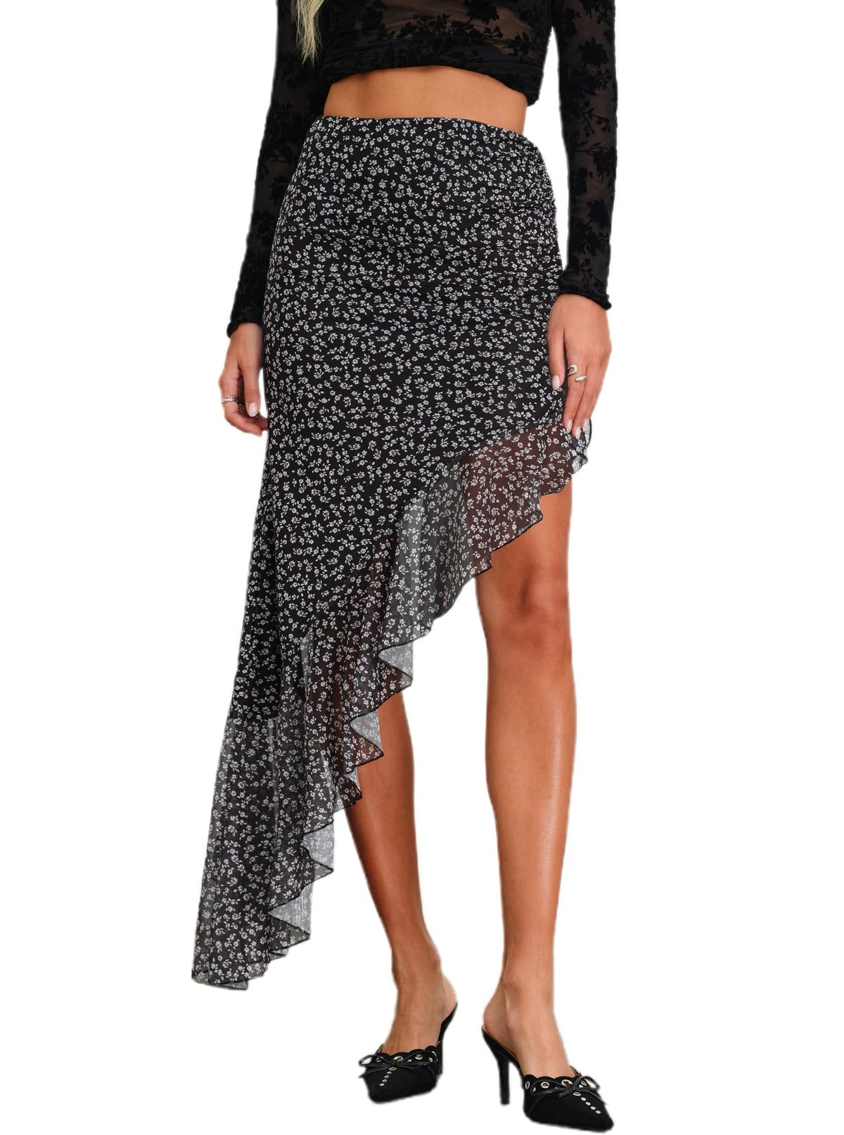 Women's High Waisted Asymmetrical Ruched Mesh Flowy Ruffle Trim Midi Long Skirt