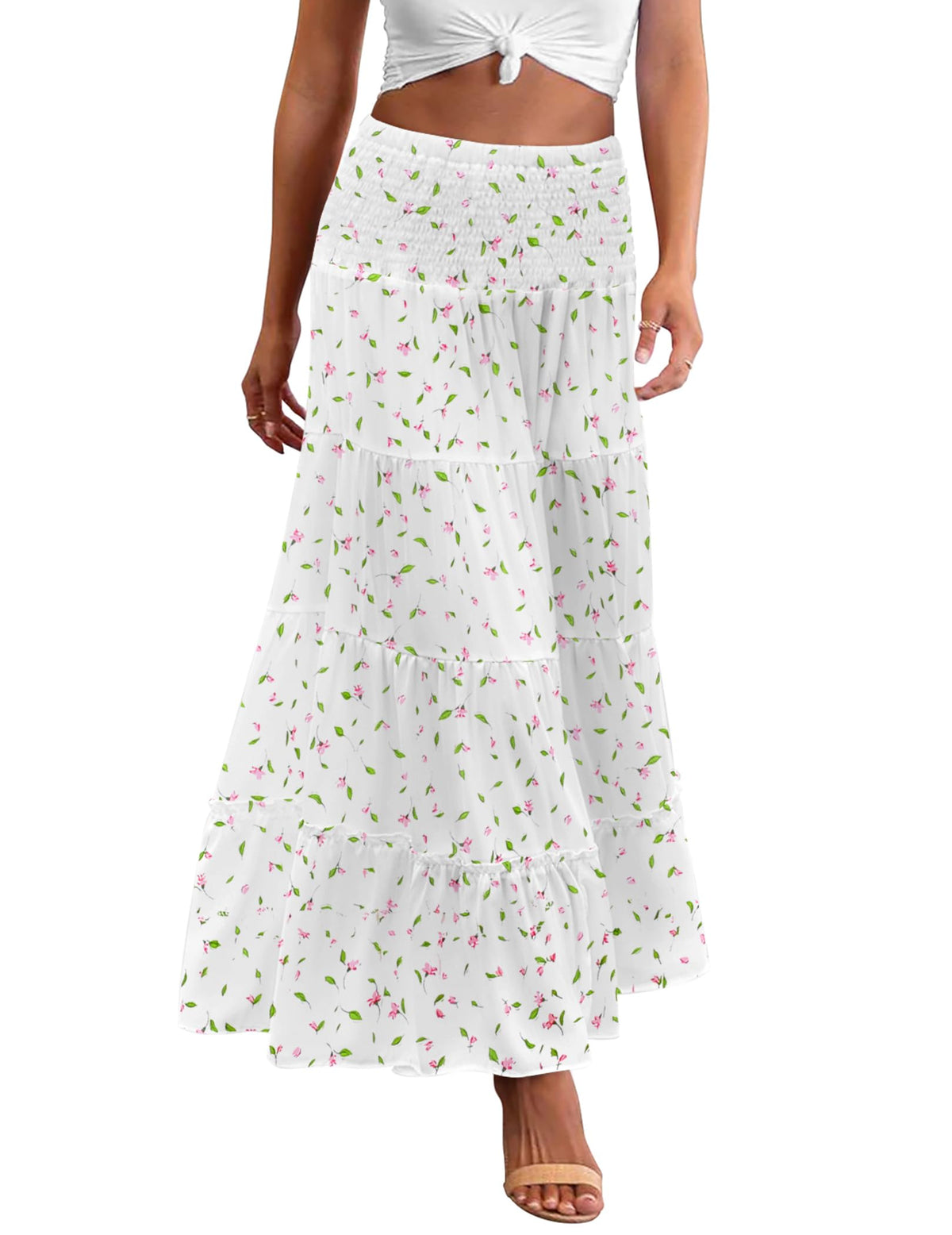 Zeagoo Women's Long Maxi Skirts Tiered Elastic High Waist Boho Double Layered Print A-Line Casual Midi Dress