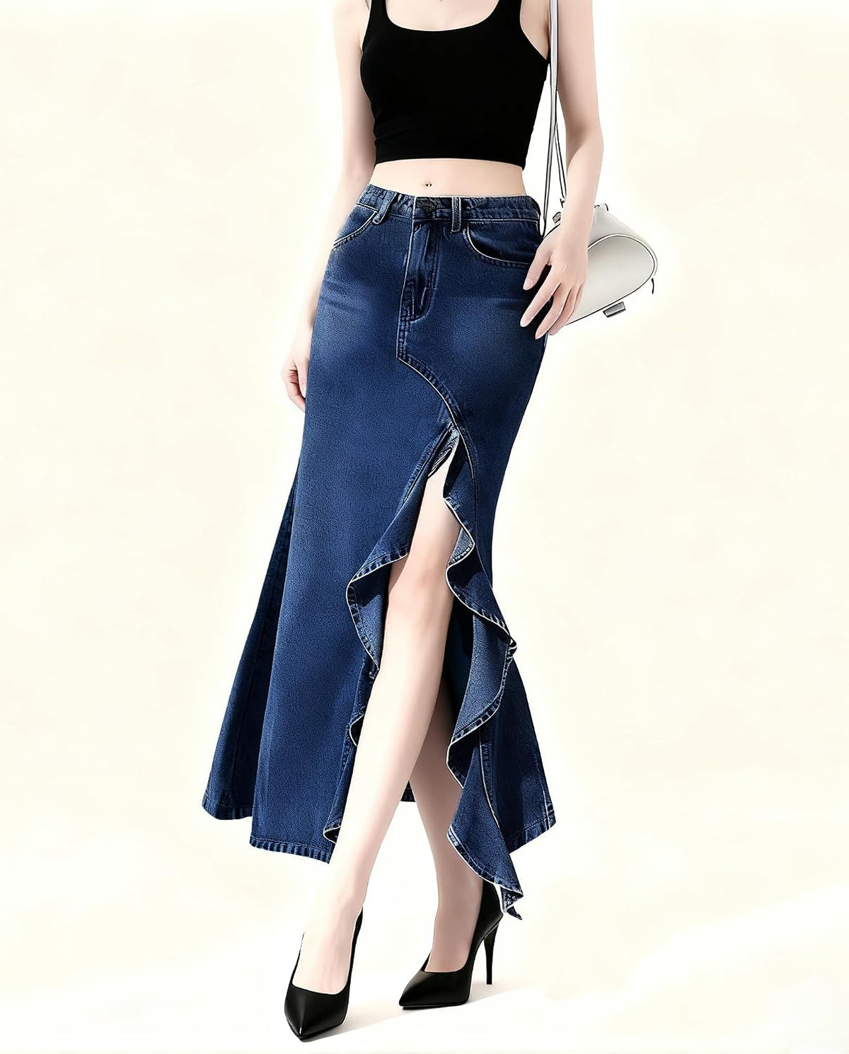 utcoco Women's Sexy Slit Denim Skirt Elegant Ruffle Fishtail Skirt Stretch High Waist Jean Skirts