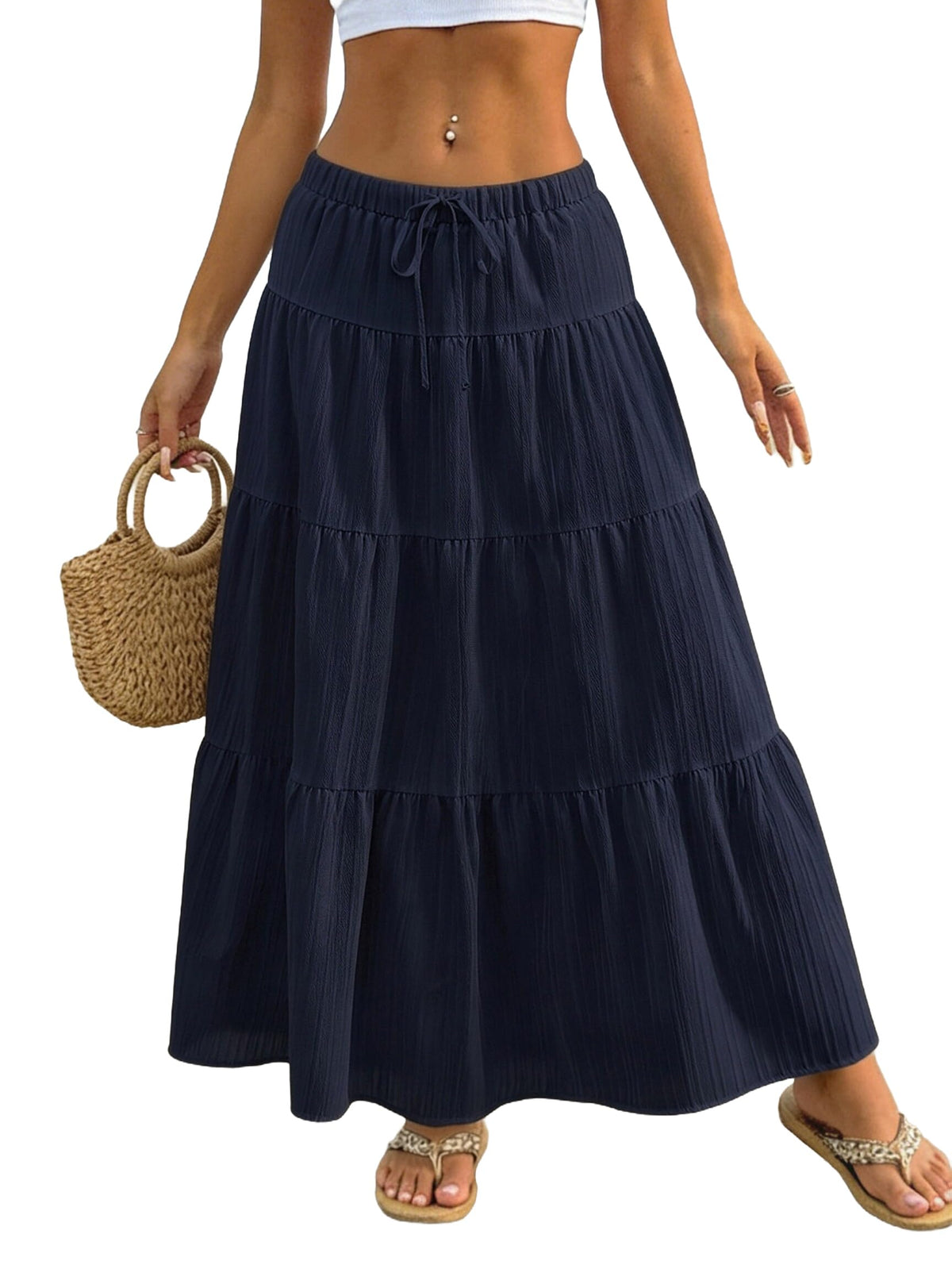 Halife Womens Boho Maxi Skirts Flowy Flared Ruffle Long Skirts Beach Vacation Elastic Waisted Summer Skirts