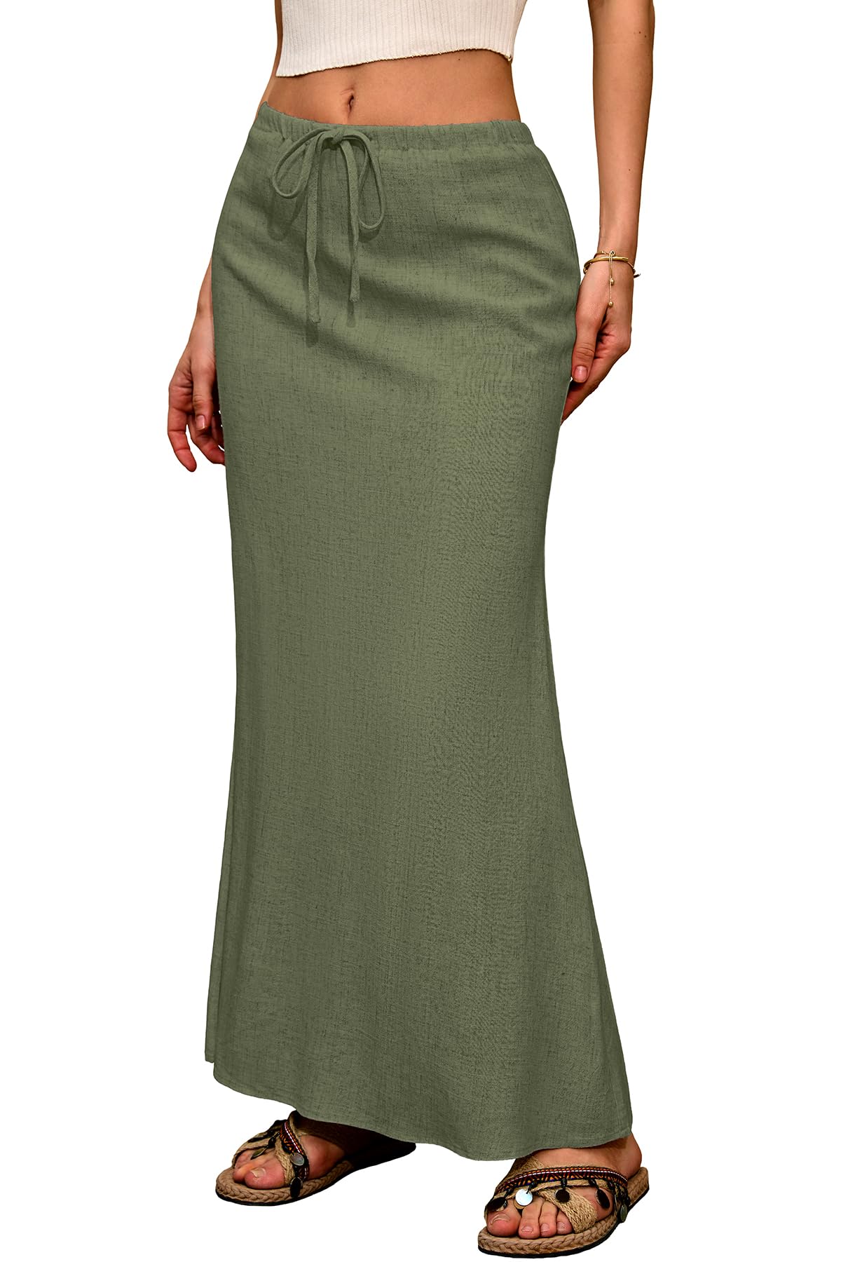 ELLEVEN Linen Flared Maxi Skirt, Boho Flowy Ankle-Length Skirts for Women