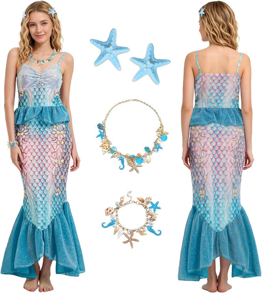 5PCS Mermaid Costume for Women Include Mermaid Dress Shell Necklace Bracelet Starfish Hairclip for Party Halloween