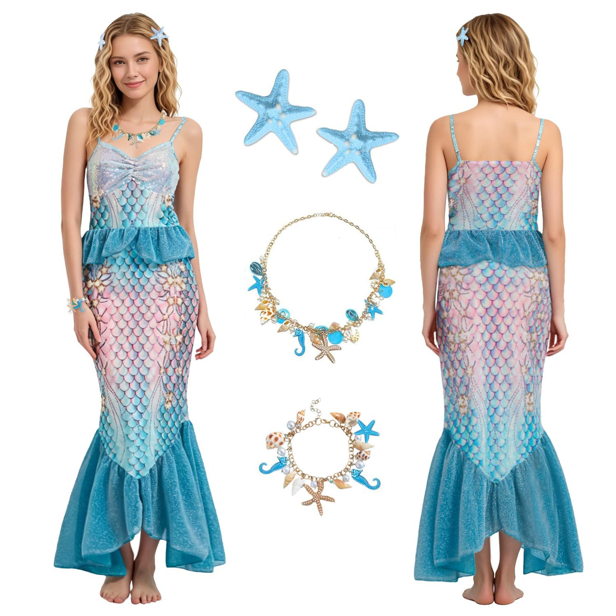 5PCS Mermaid Costume for Women Include Mermaid Dress Shell Necklace Bracelet Starfish Hairclip for Party Halloween