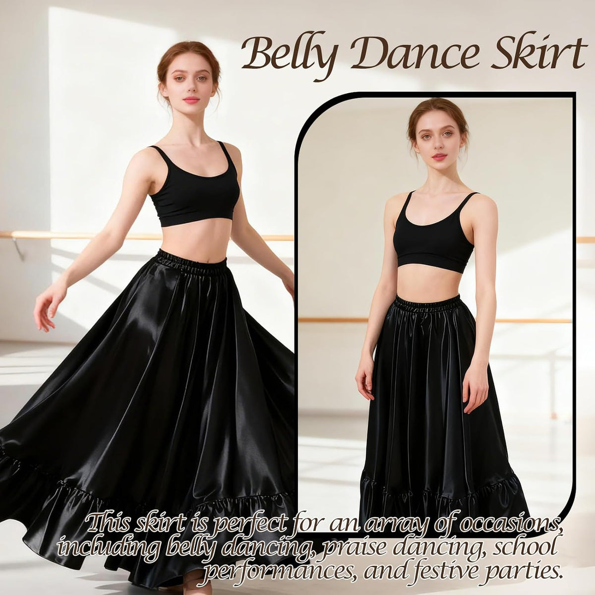 2PC Satin Ruffle Ankle Long Skirt for Women Full Circle Belly Dance Skirt Women Maxi Skirt for Praise and Folklorico Dance