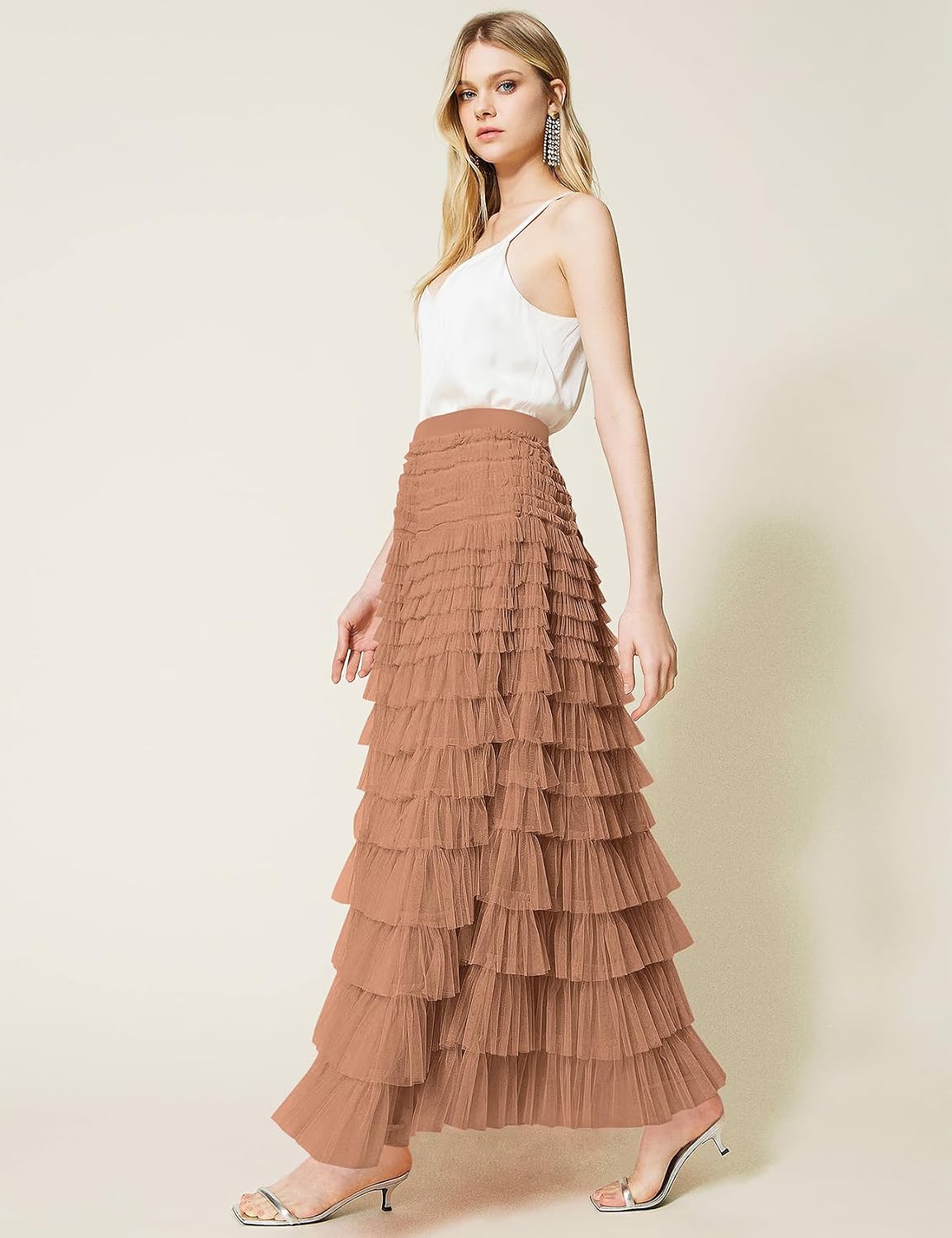 PEHMEA Womens Tulle Maxi Skirt High Waist Tiered A Line Layered Fairy Skirt