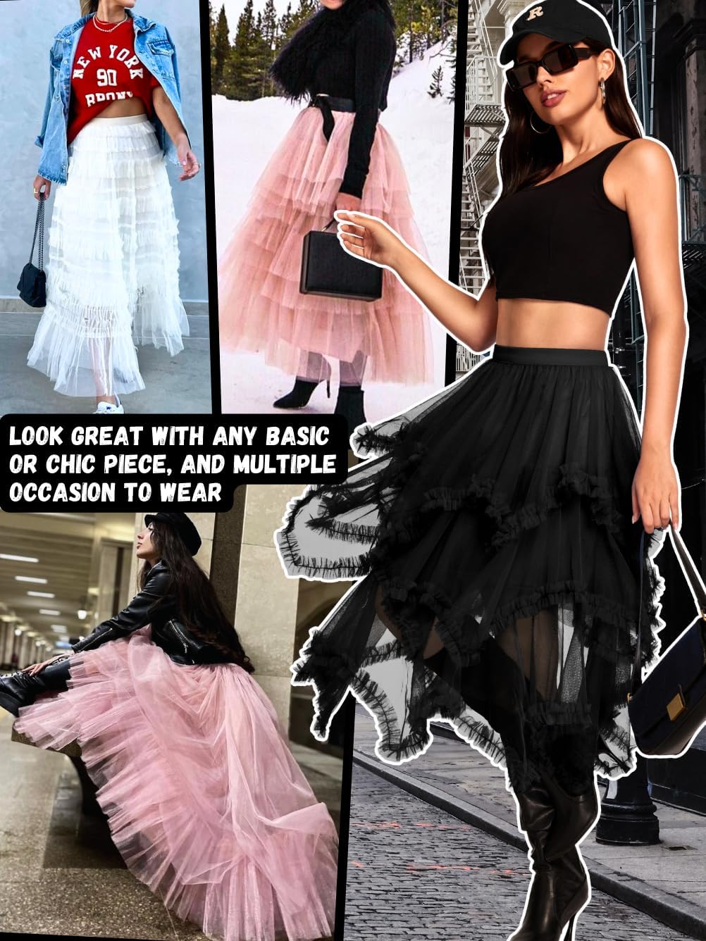 Kaei&Shi Long Tulle Skirt,Asymmetrical Ruffle Hem,Renaissance Fairy Costume