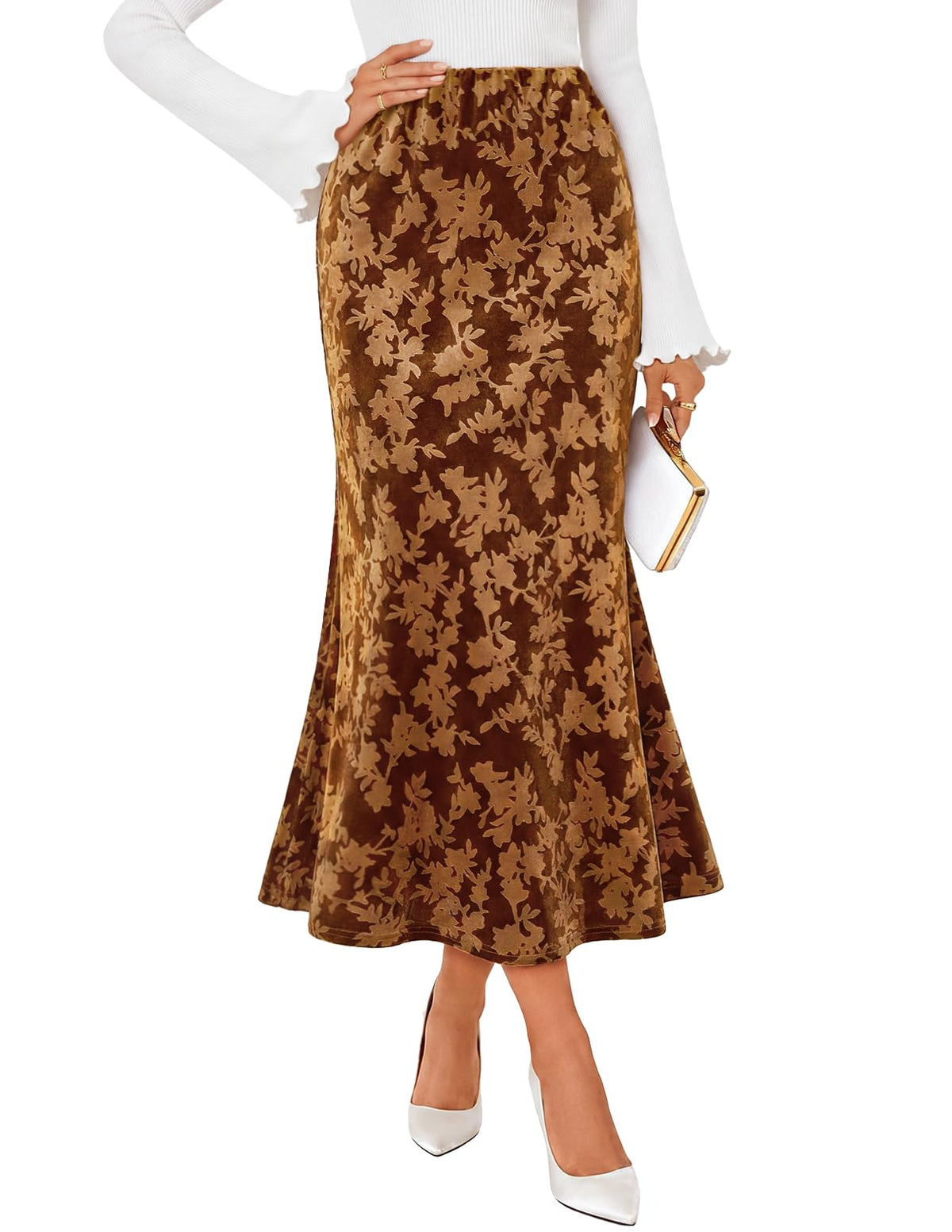 MEROKEETY Women's Fall Floral Velvet Maxi Skirt
