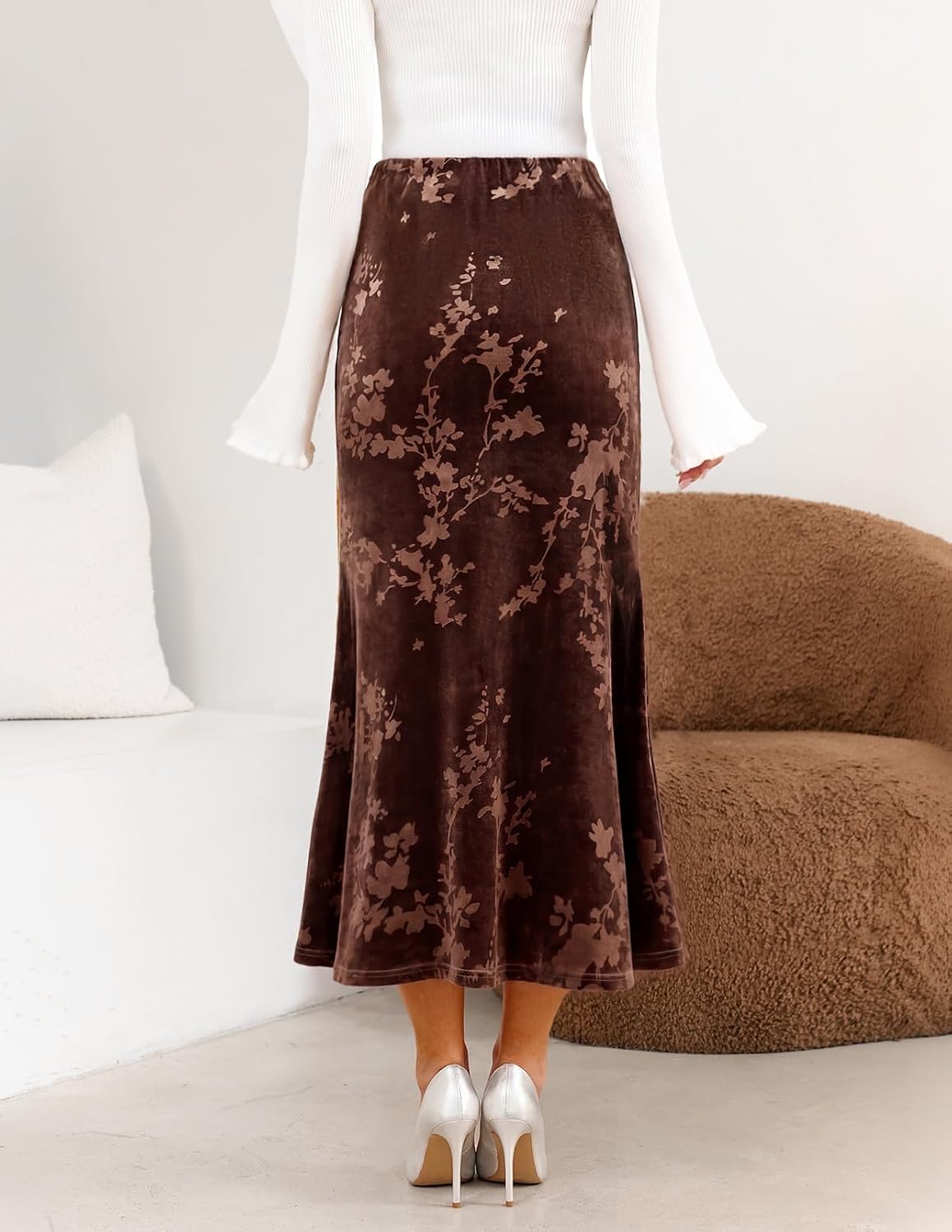 MEROKEETY Women's Fall Floral Velvet Maxi Skirt
