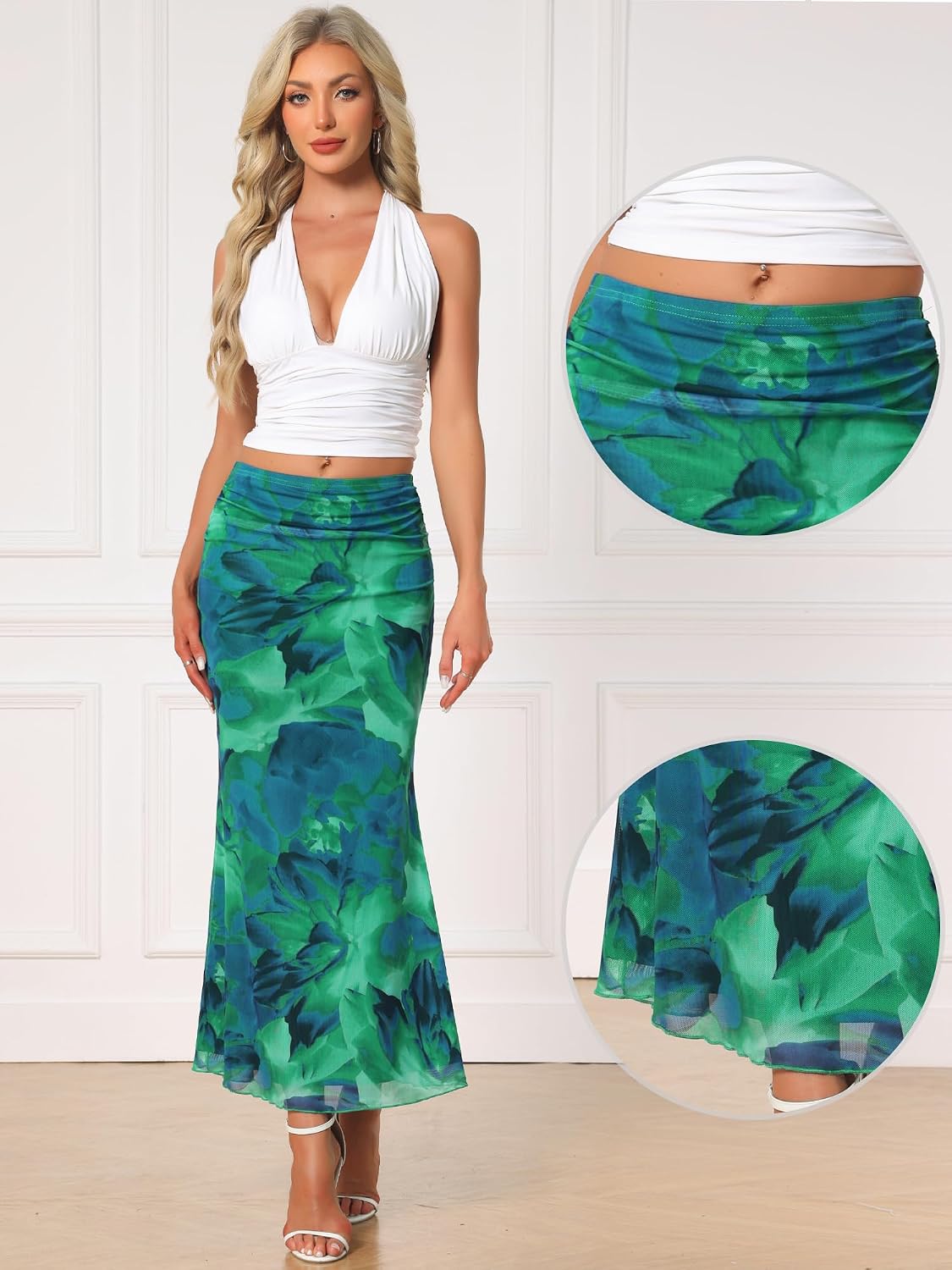 Allegra K Floral Mesh Maxi Skirt for Women Summer 2026 High Waisted Boho Bodycon Fishtail Long Skirts