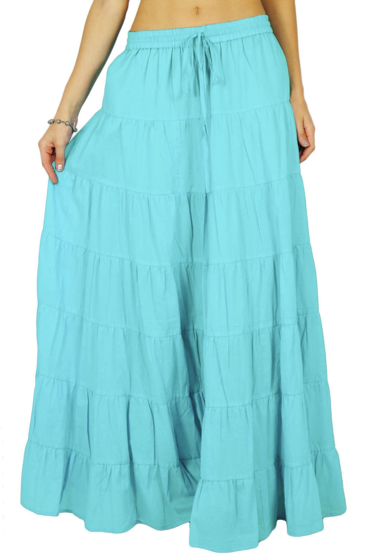 Solid Long Maxi Cotton Beach Wear Skirt For Women Elastic Waist Skirt Summer Wear