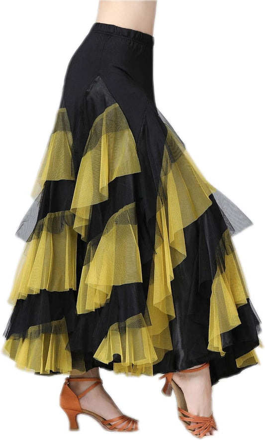 CISMARK Elegant Ballroom Latin Dance Party Long Swing Tiered Skirt for Women