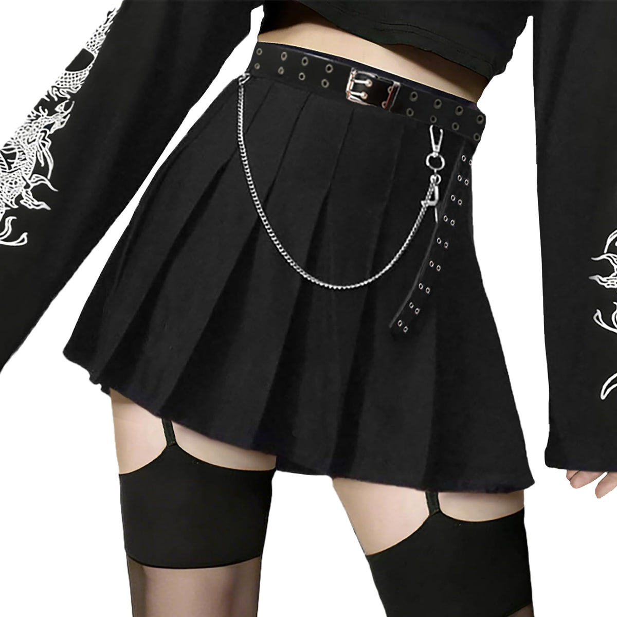 AULKEEP Pleated Mini Skirt Goth High Waist Skort with Belt