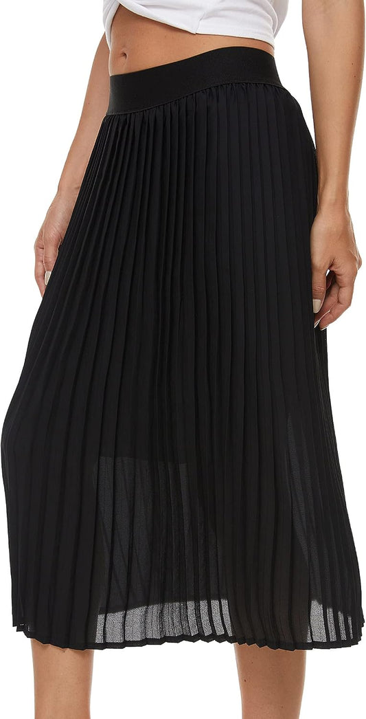 Womens Pleated Midi Skirt,High Waist Swing Boho Pleated Skirt Casual Chiffon Elastic A-line Long Skirts