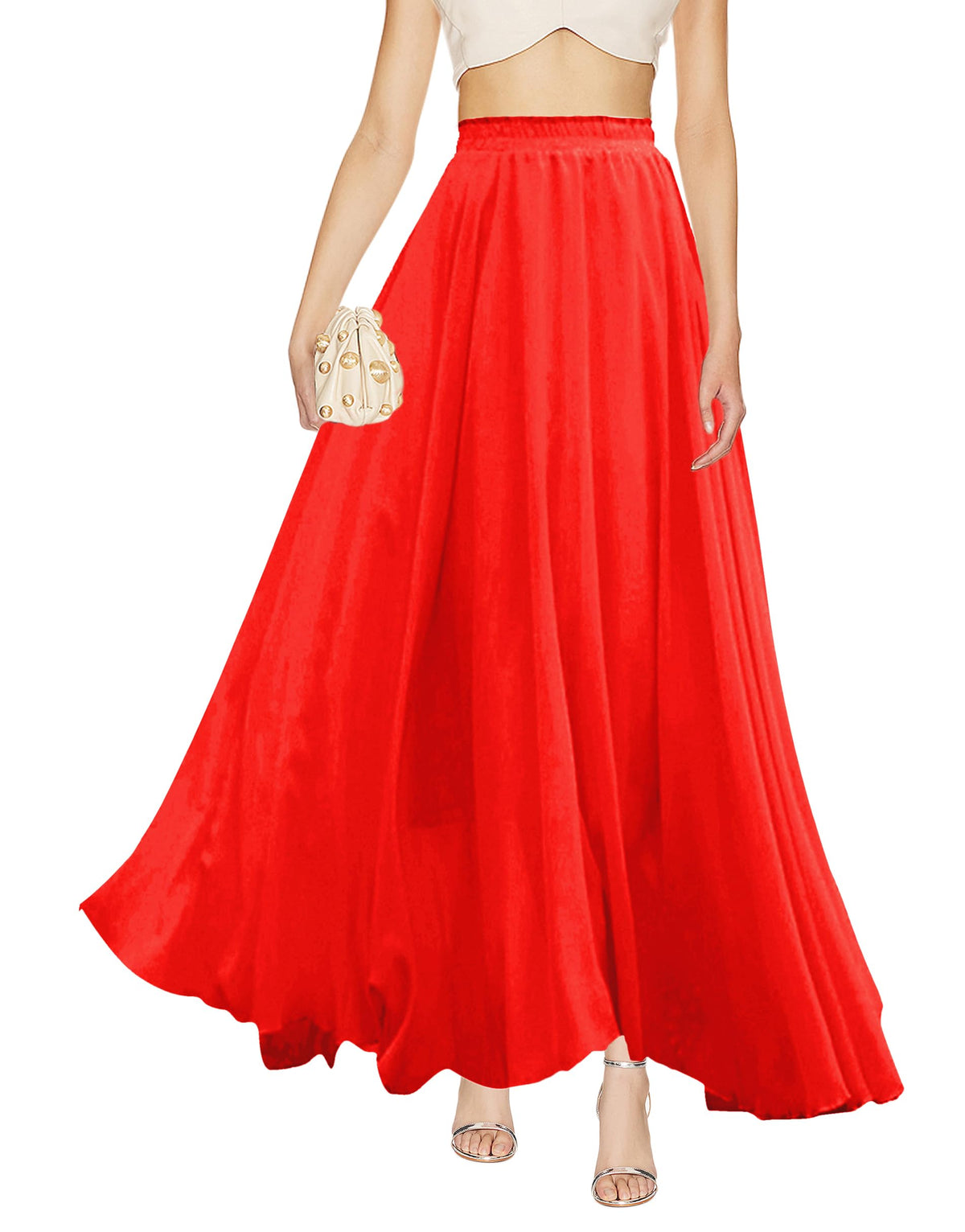 v28 Women Full/Ankle Length Elastic Pleated Retro Maxi Chiffon Long Skirt