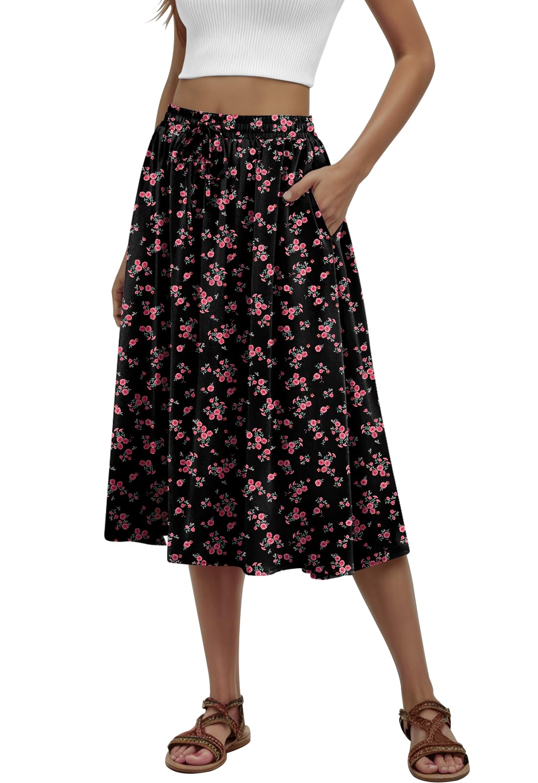 MLXSJ Women's Midi Skirt Summer Pleated Flowy Skirts with Pockets S-3XL