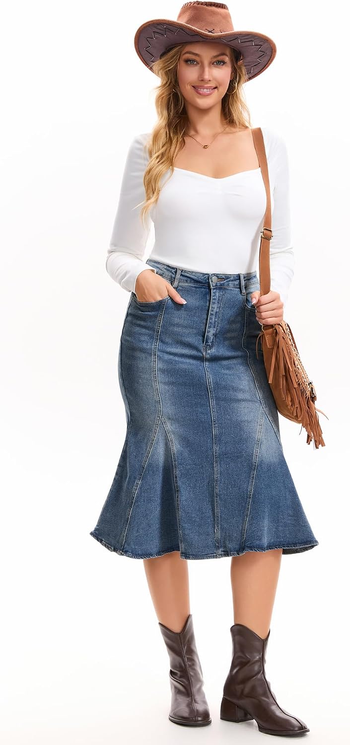 Denim Skirt for Women's Fishtail Midi Jean Skirts