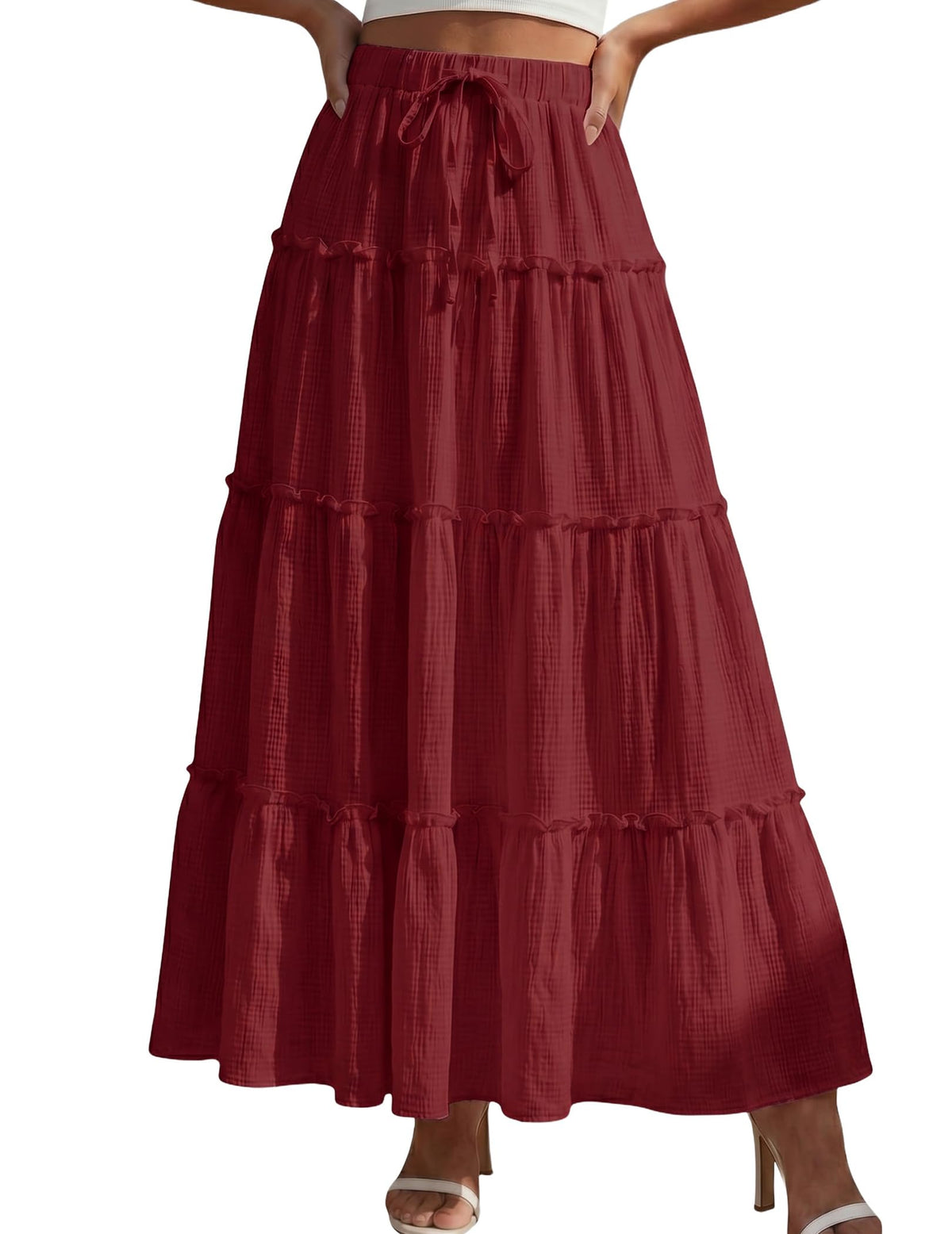 DERAX Womens Boho Maxi Skirt Flowy Ruffle Tiered High Waisted Long Skirts