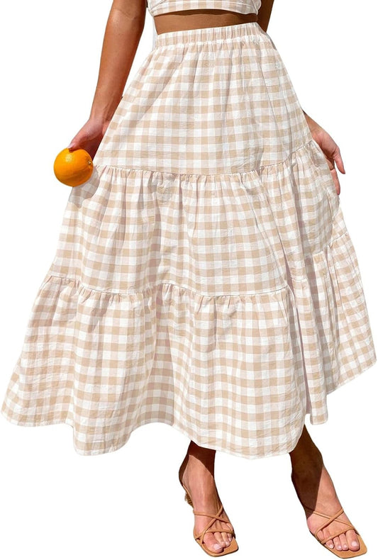 ebossy Women's Candy Color Slim Fit Elastic High Waist Plaid Gingham Tiered Flowy Boho Maxi Skirts with Pockets