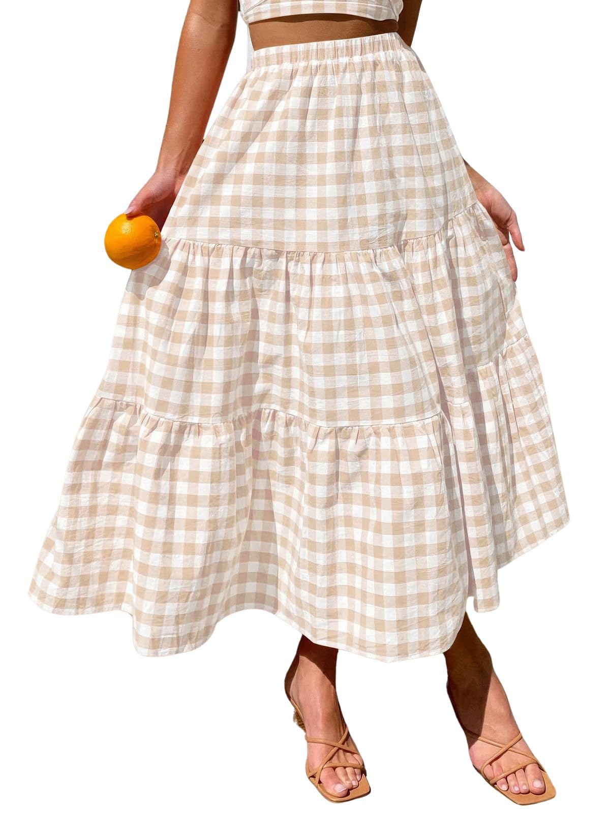 ebossy Women's Candy Color Slim Fit Elastic High Waist Plaid Gingham Tiered Flowy Boho Maxi Skirts with Pockets