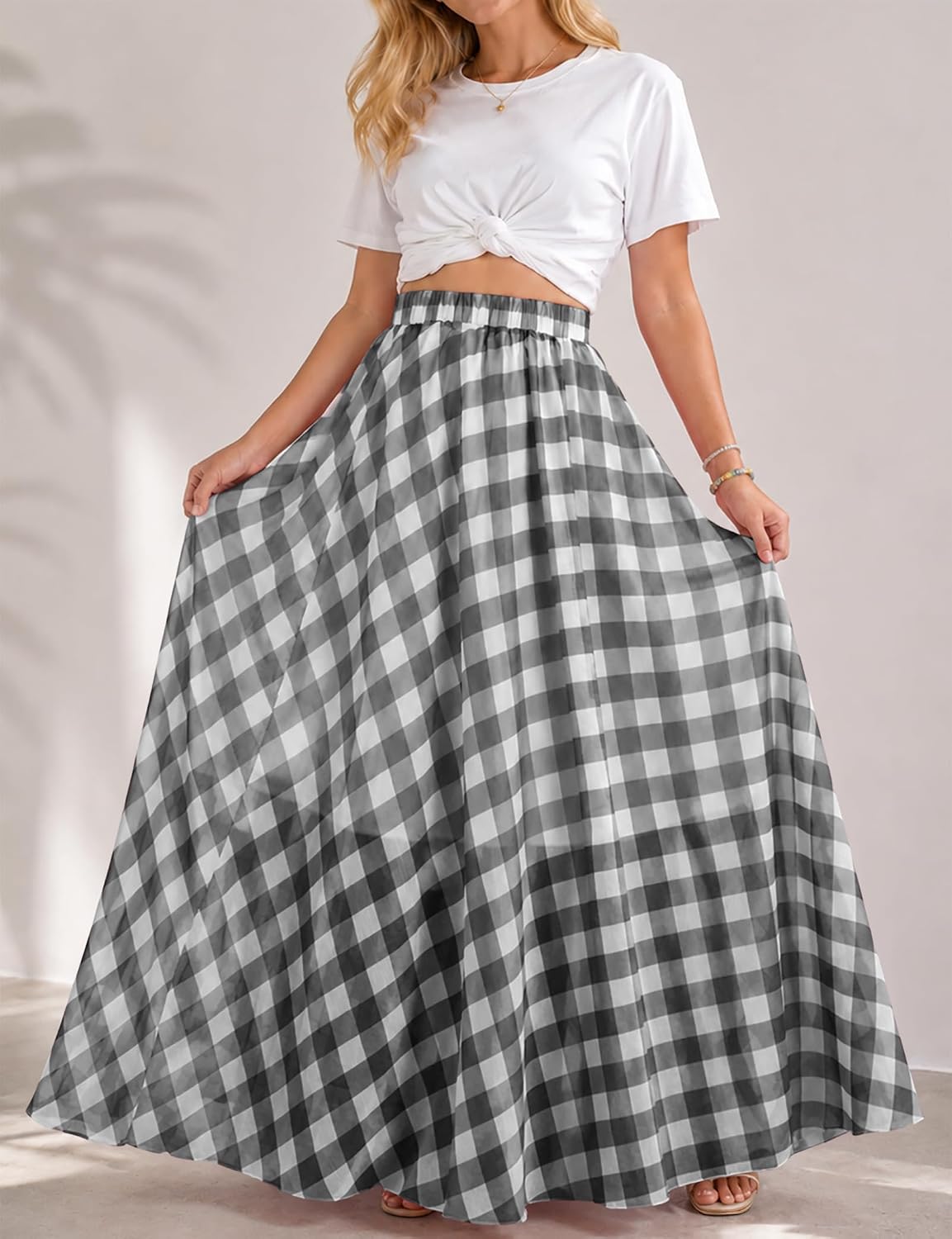 Women Vintage Checkered Plaid Maxi Skirt High Waisted Flowy A Line Casual Long Skirt