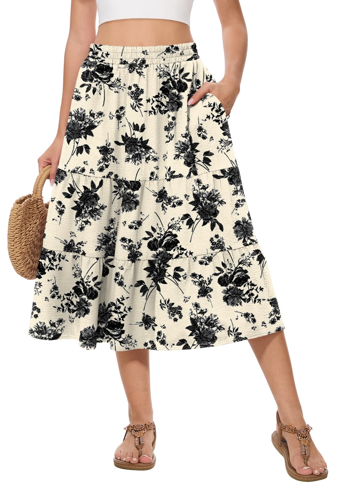 Women's Summer Midi Tiered Flowy High Waist A-Line Casual Skirts