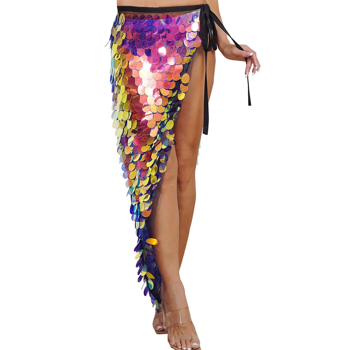 Shiny Sequins Skirt Belly Dance Hip Scarf for Women, Triangle Dancing Wrap Skirt Festival Performance Party Costume