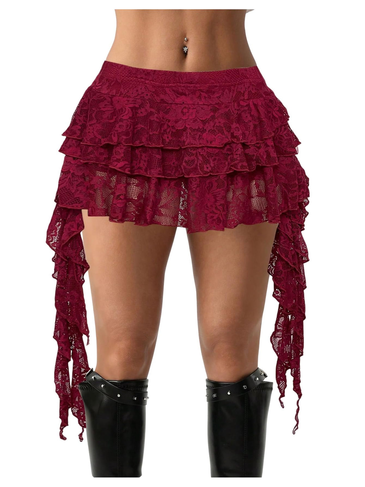 BEAUDRM Women's Y2k Boho Lace Ruffle Mini Skirt Asymmetrical Concert Outfit