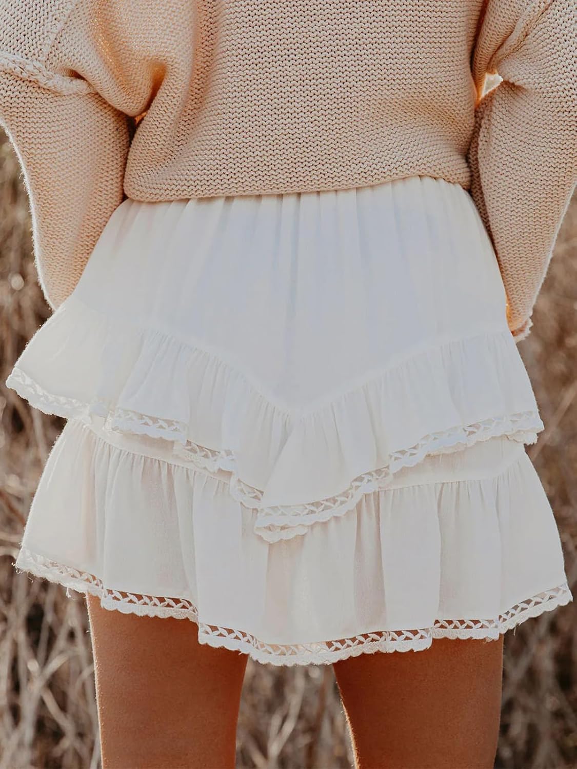 Aoudery Flowy Shorts for Women Casual Boho Ruffle Tiered Skorts High Waist Mini Skirts Golf Tennis Crochet Shorts