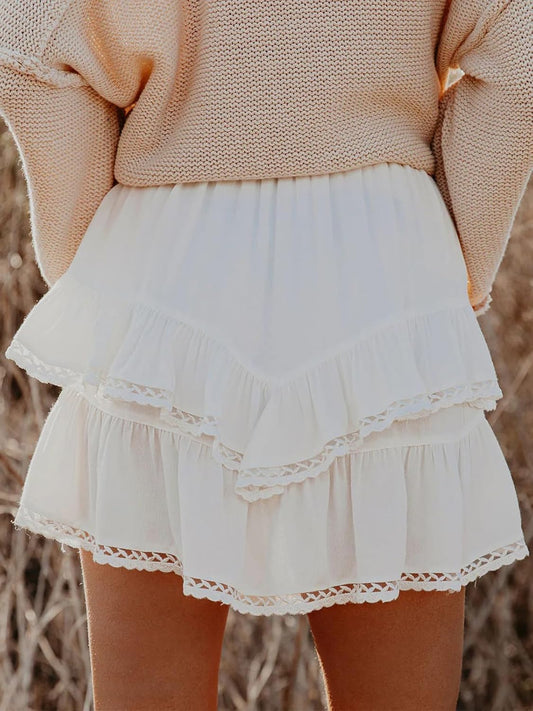 Aoudery Flowy Shorts for Women Casual Boho Ruffle Tiered Skorts High Waist Mini Skirts Golf Tennis Crochet Shorts