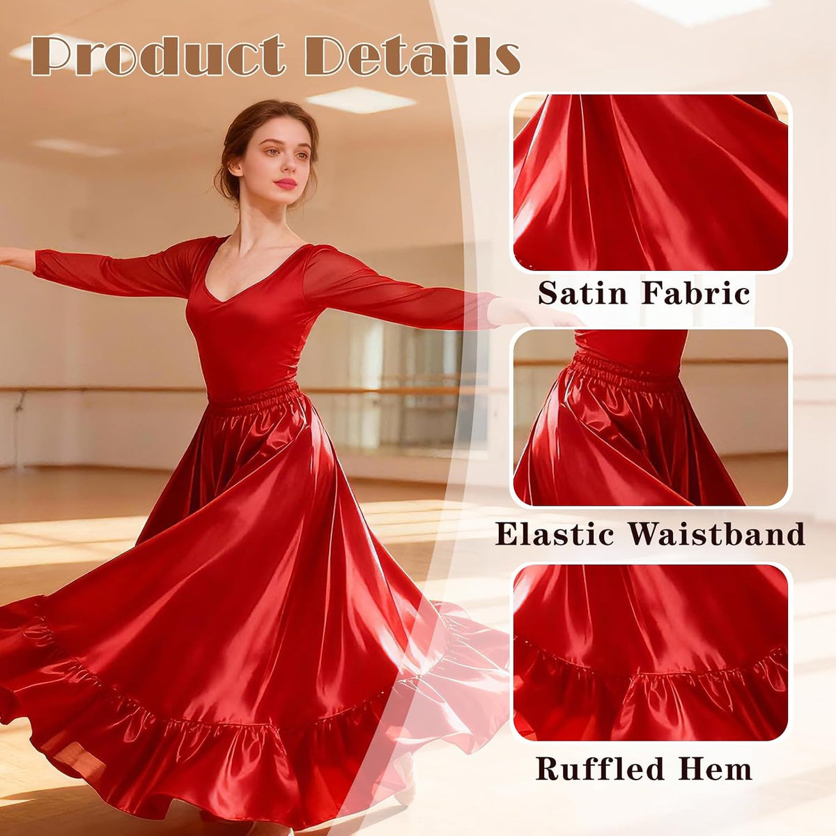 2PC Satin Ruffle Ankle Long Skirt for Women Full Circle Belly Dance Skirt Women Maxi Skirt for Praise and Folklorico Dance