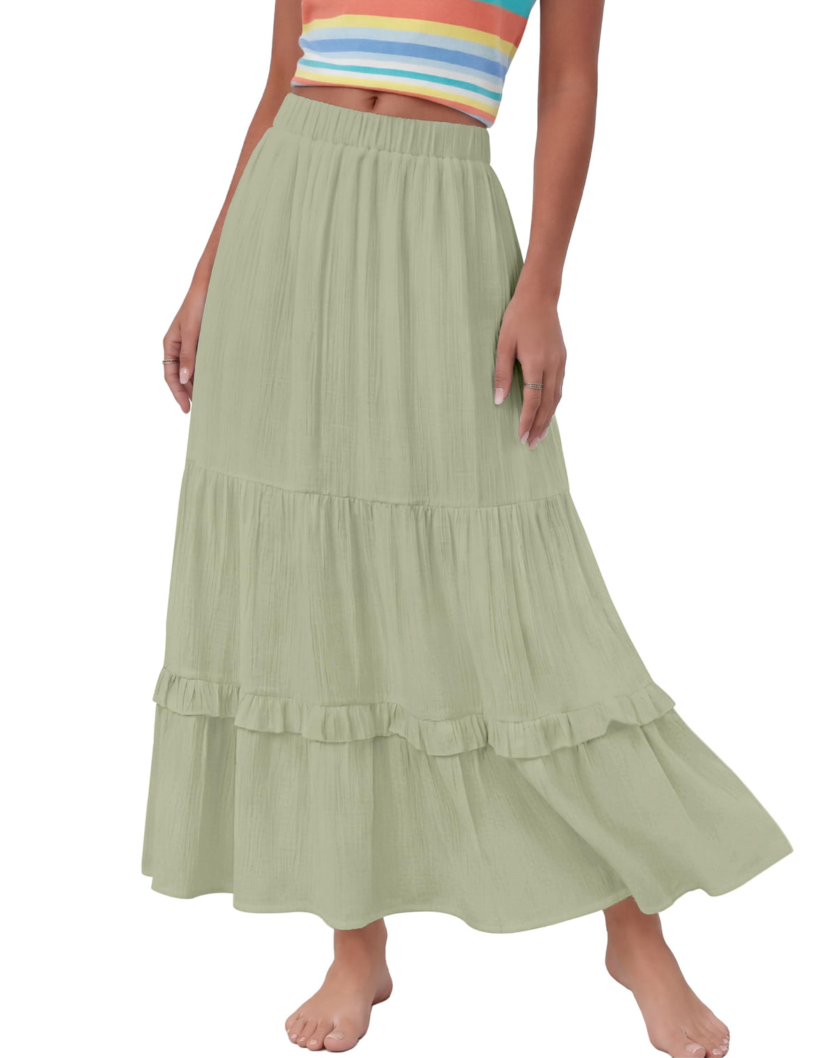 Annebouti 2026 Spring Summer Elastic Waisted Ruffle Long Skirt Flowy Tiered A-Line Maxi Skirts for Women