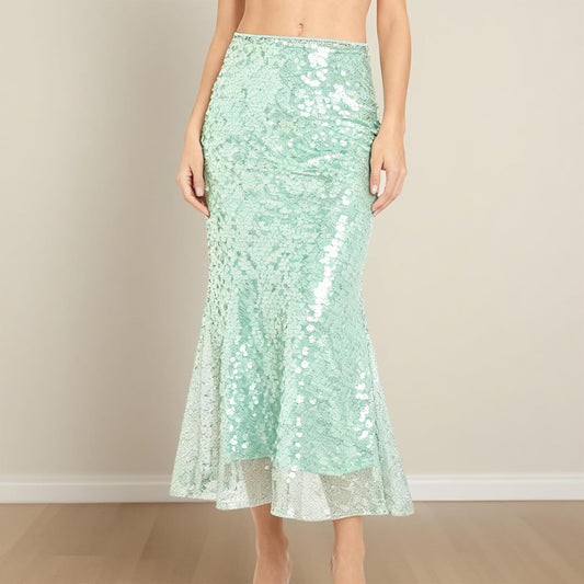 Women Mid Rise Sequin Mermaid Maxi Skirt Mesh Layered Sparkly Long Skirt