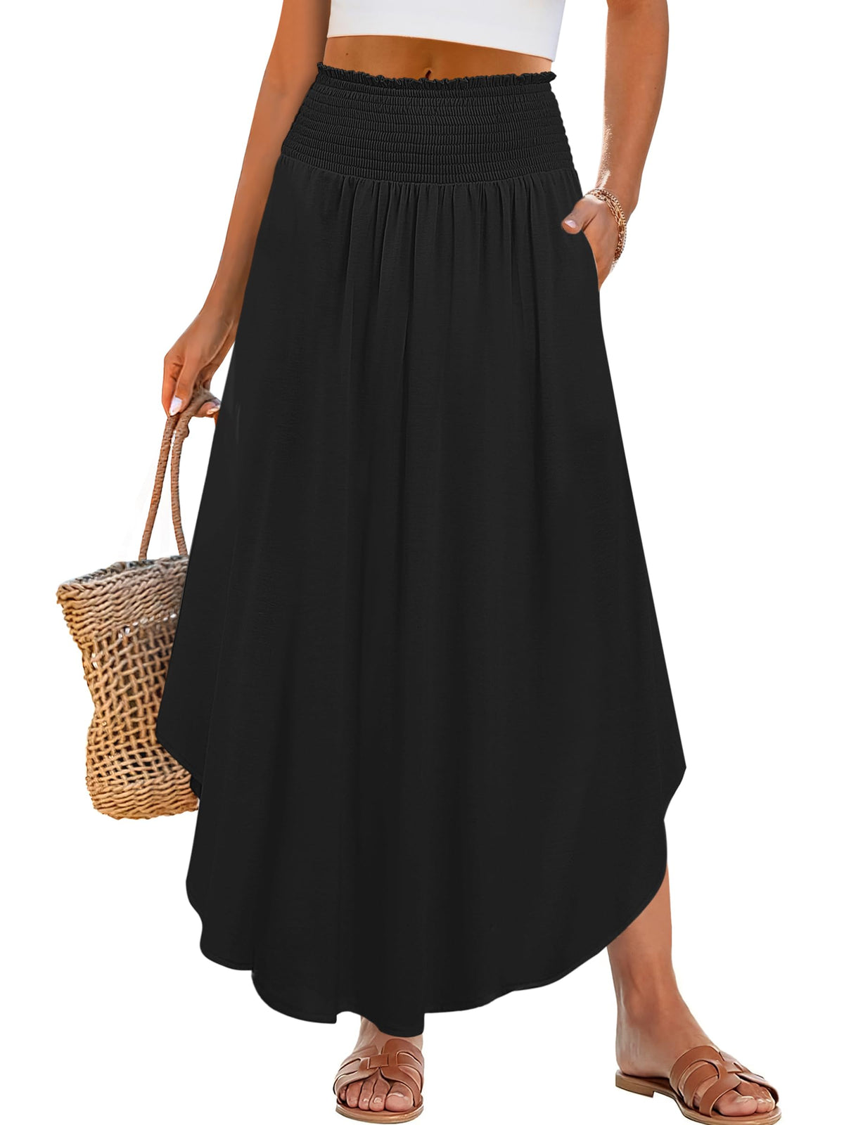 ANRABESS Women's Maxi Skirts Summer Boho Floral High Waisted Flowy Swing Pleated Beach Long Skirt with Pockets