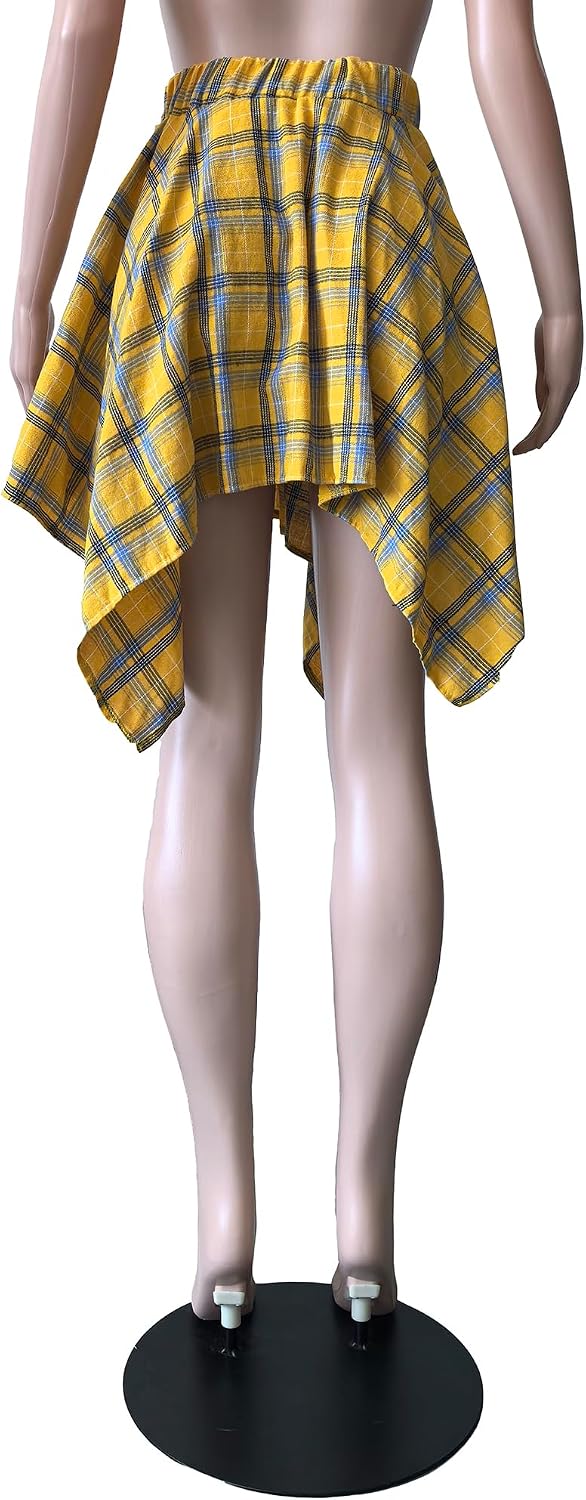 YBSKG Womens Plaid Skirts Elastic High Waist Tie Front Pleated Mini Skirt
