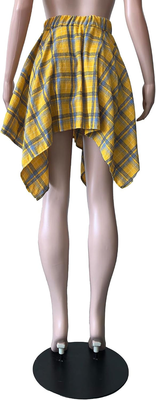 YBSKG Womens Plaid Skirts Elastic High Waist Tie Front Pleated Mini Skirt