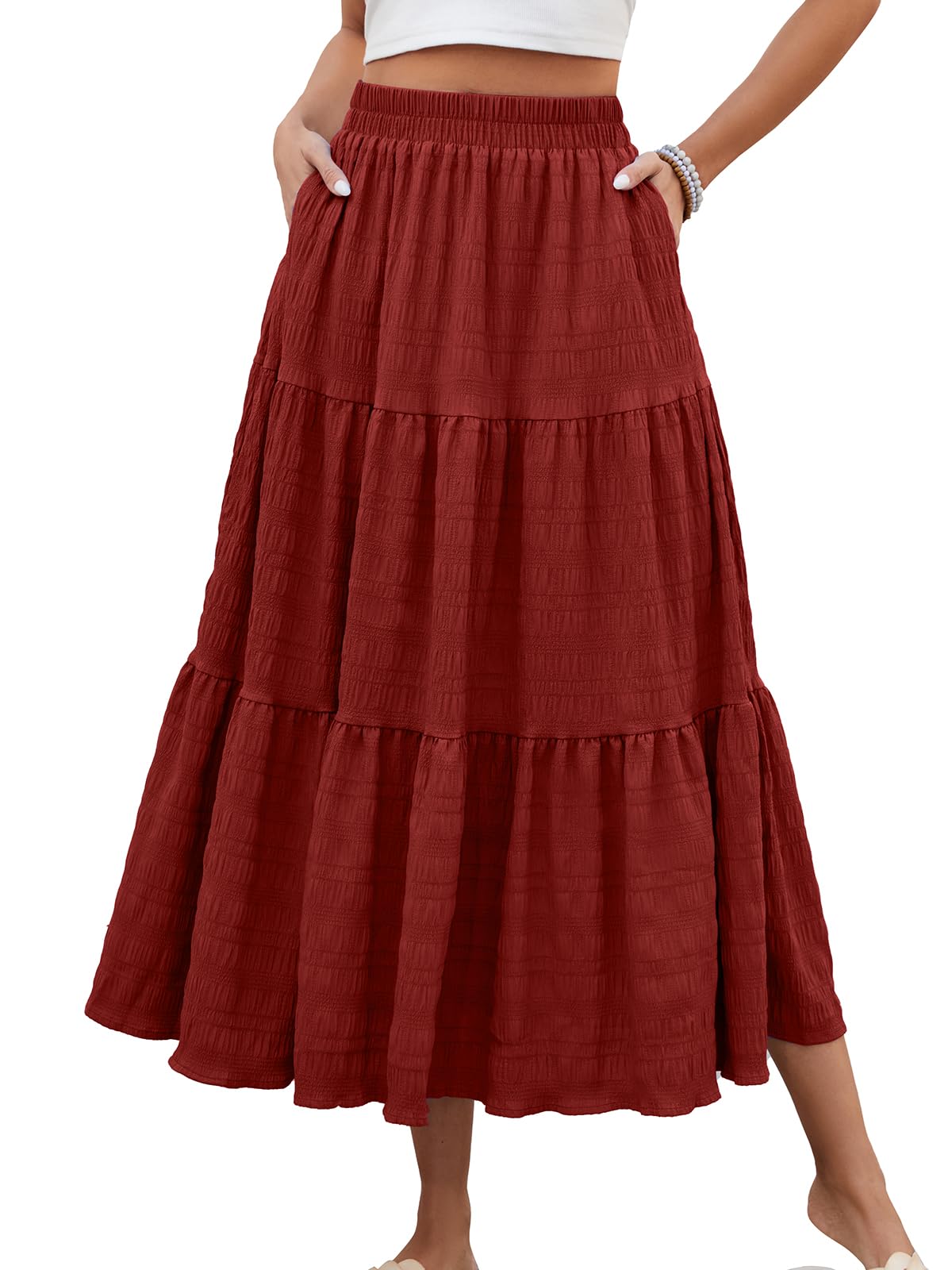 HUSKARY Women's Summer Casual Elegant Smock Layered Tiered Maxi Skirt High Waisted A Line Flowy Long Skirts with Pockets