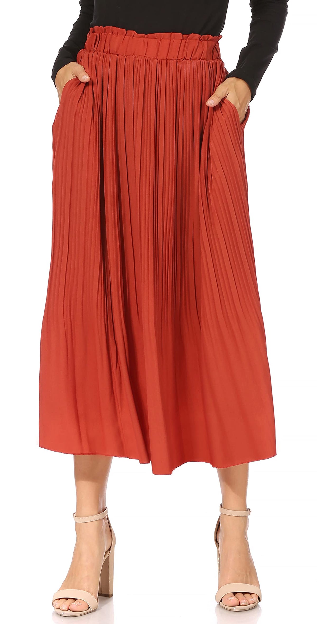 Simlu Pleated Midi Skirts for Women with Pockets, Elastic High Waisted Skirt Reg & Plus Size Womens Summer Skirts Trendy 2023