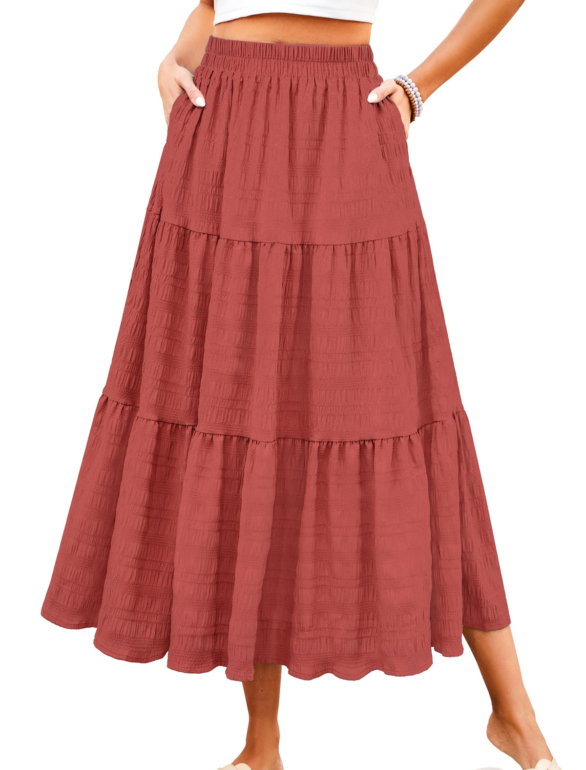 HUSKARY Women's Summer Casual Elegant Smock Layered Tiered Maxi Skirt High Waisted A Line Flowy Long Skirts with Pockets