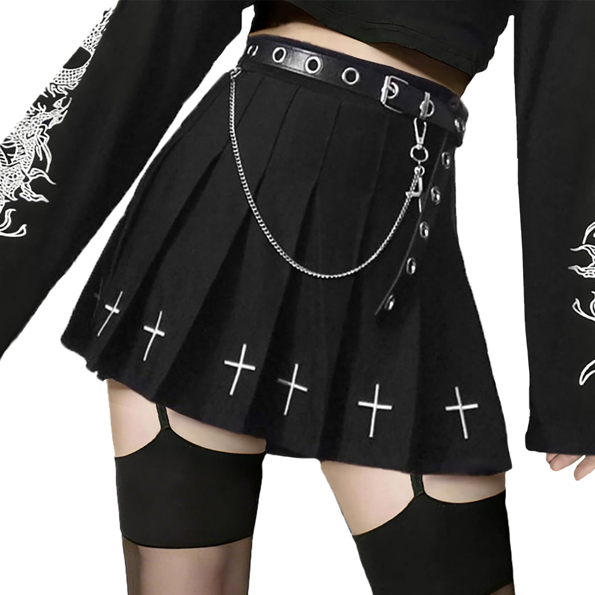 AULKEEP Pleated Mini Skirt Goth High Waist Skort with Belt