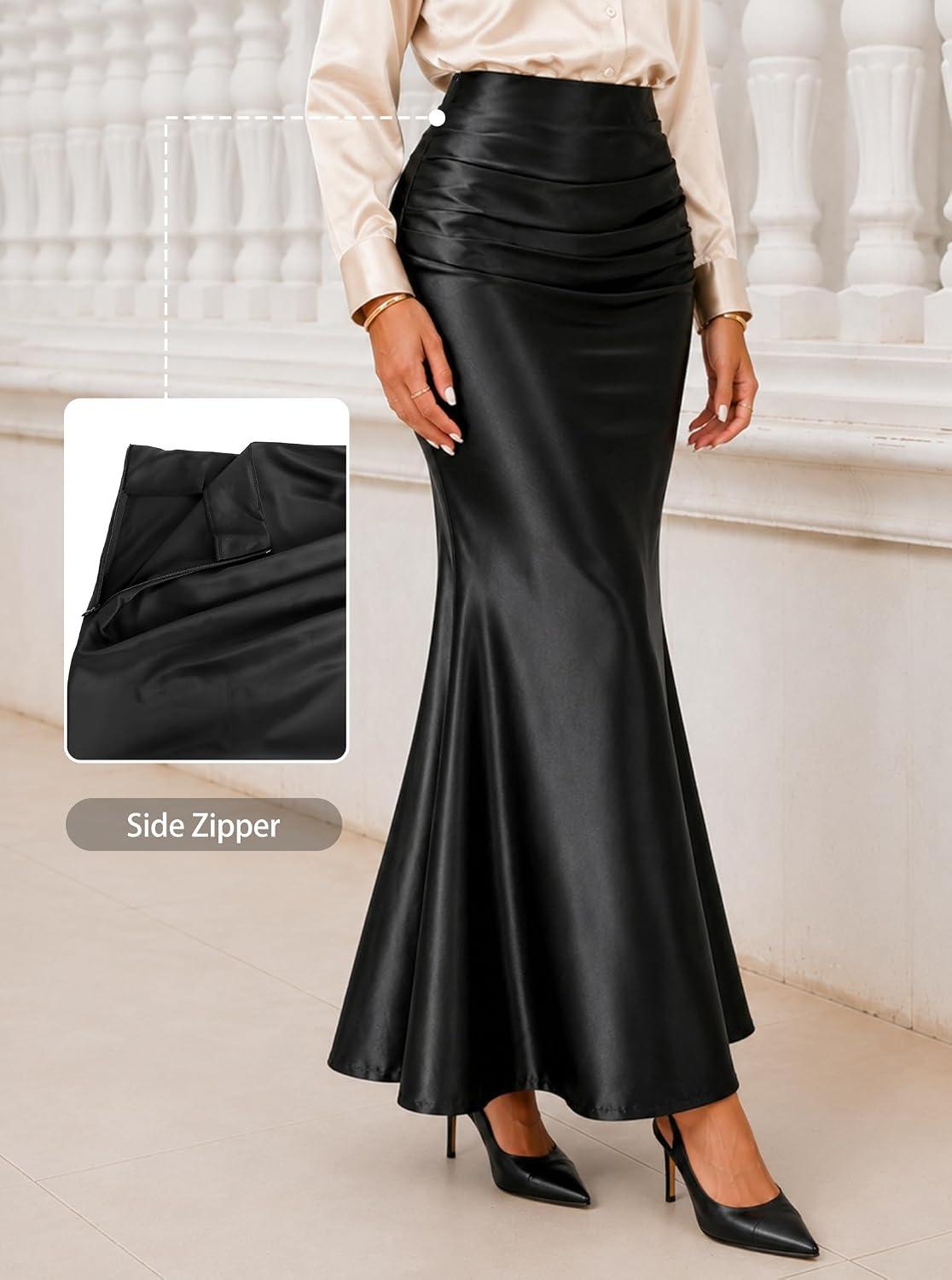 Avanova Women Satin Mermaid Maxi Skirt Ruched Waist with Side Zipper