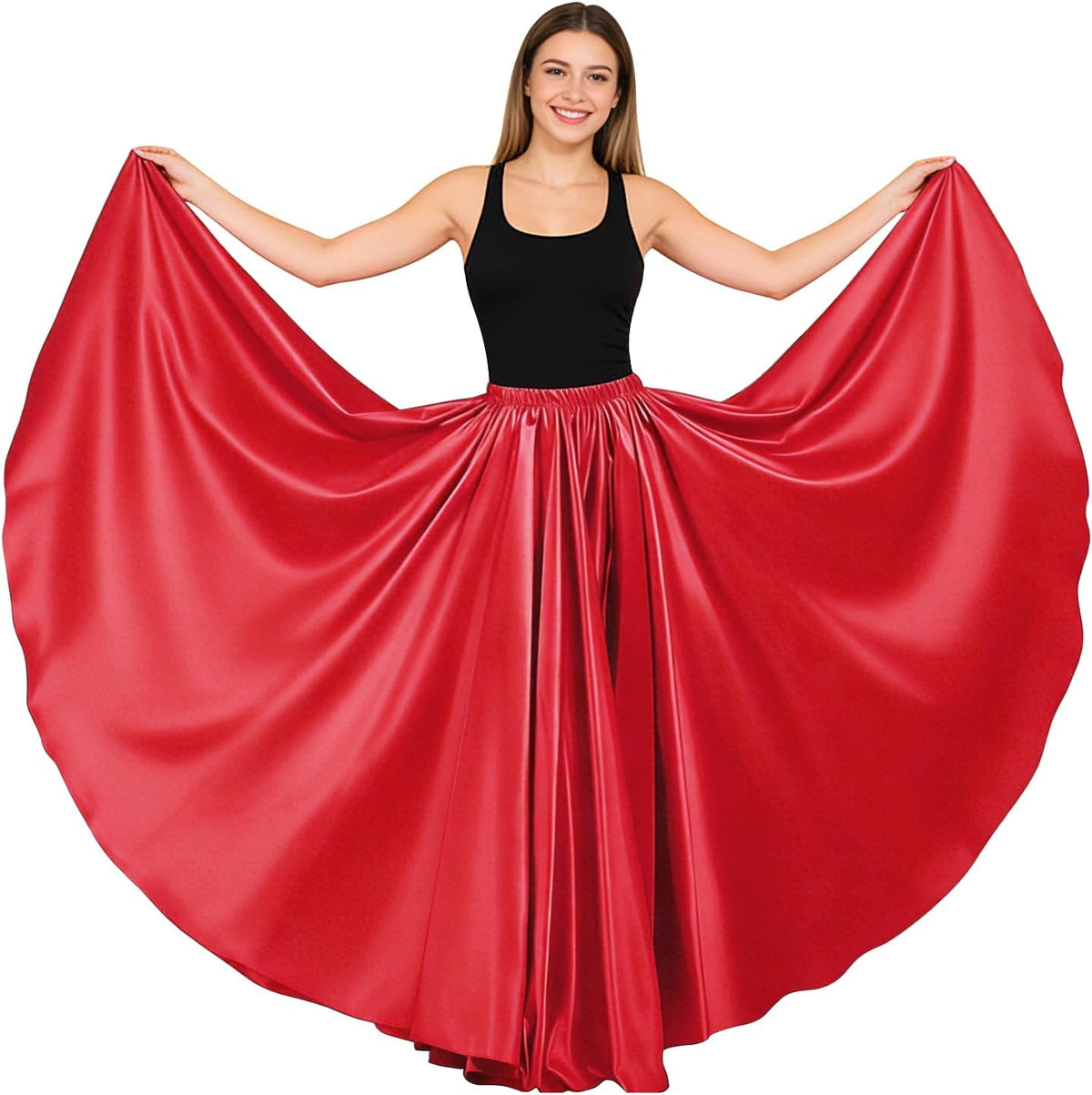 Women Satin Full Circle Ankle Length Swing Long Skirt Maxi Shiny Skirt for Party Cosplay Belly Dance Performance Costume