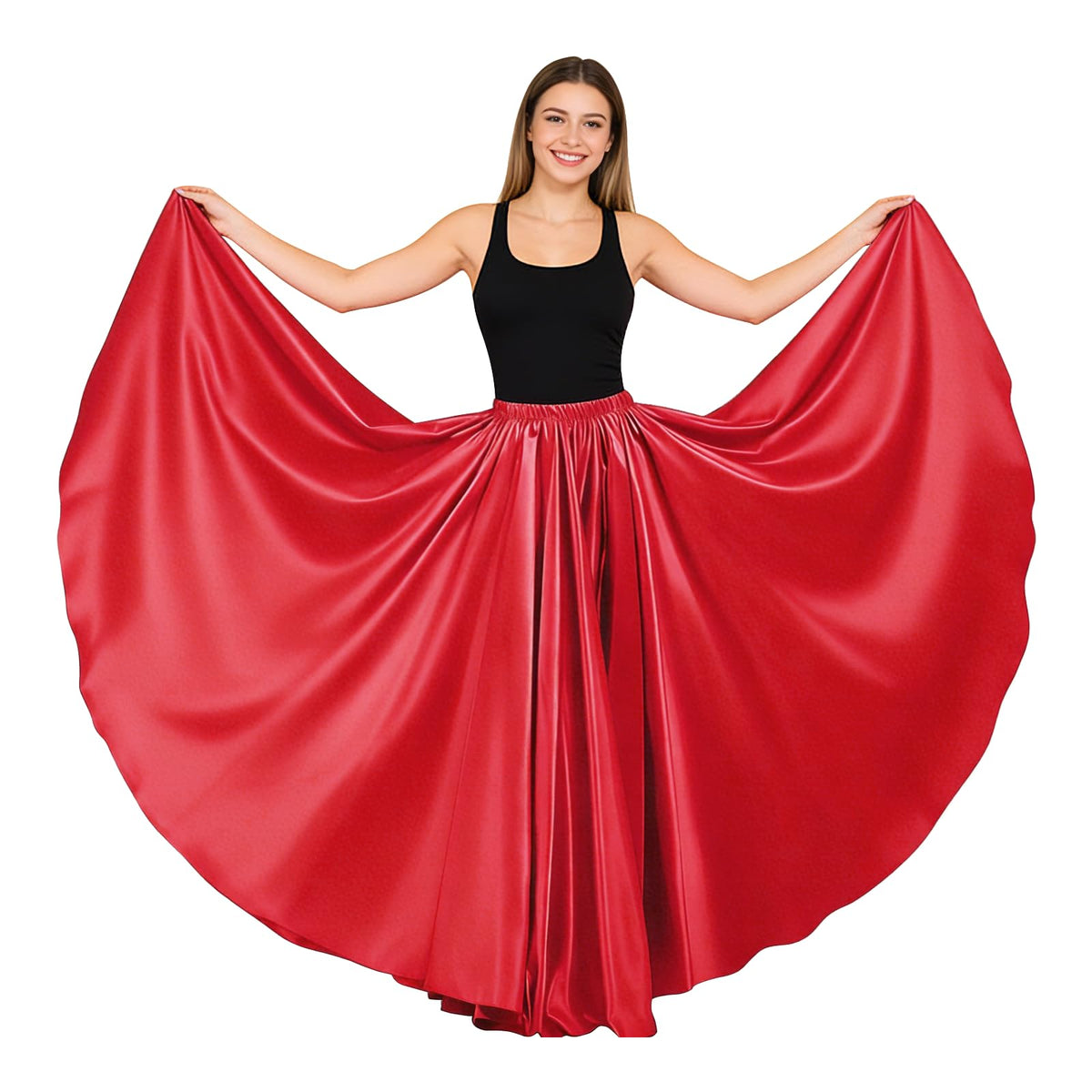 Women Satin Full Circle Ankle Length Swing Long Skirt Maxi Shiny Skirt for Party Cosplay Belly Dance Performance Costume