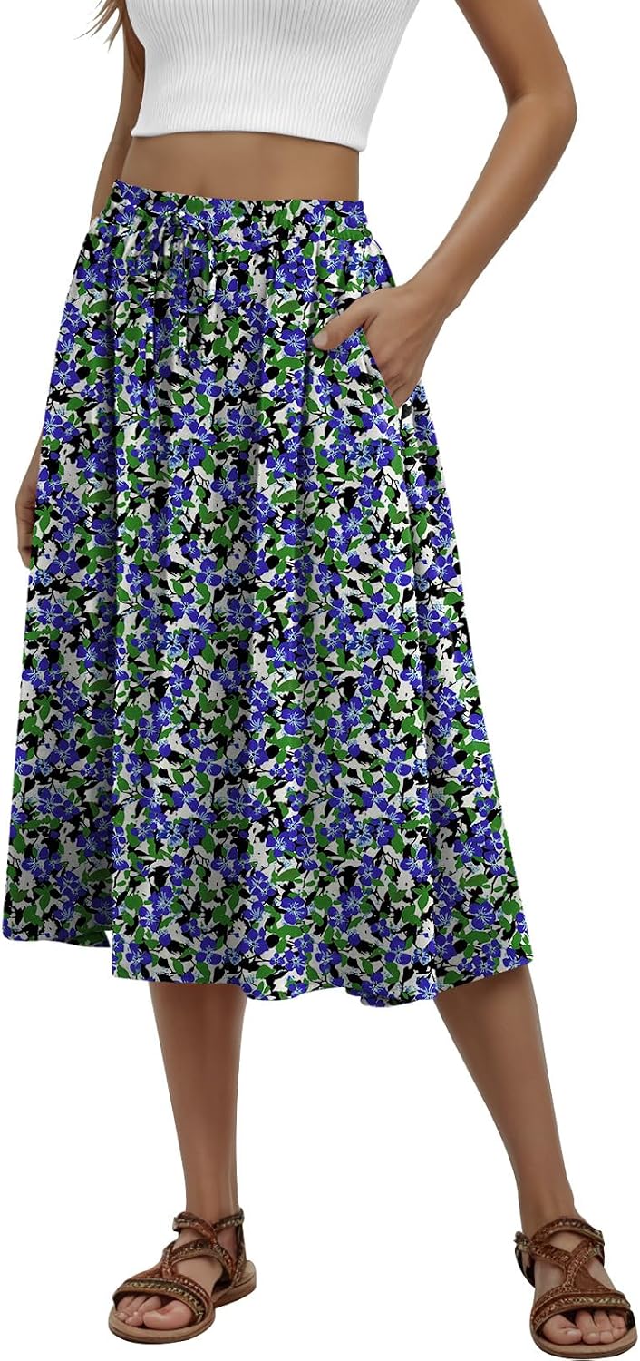 MLXSJ Women's Midi Skirt Summer Pleated Flowy Skirts with Pockets S-3XL