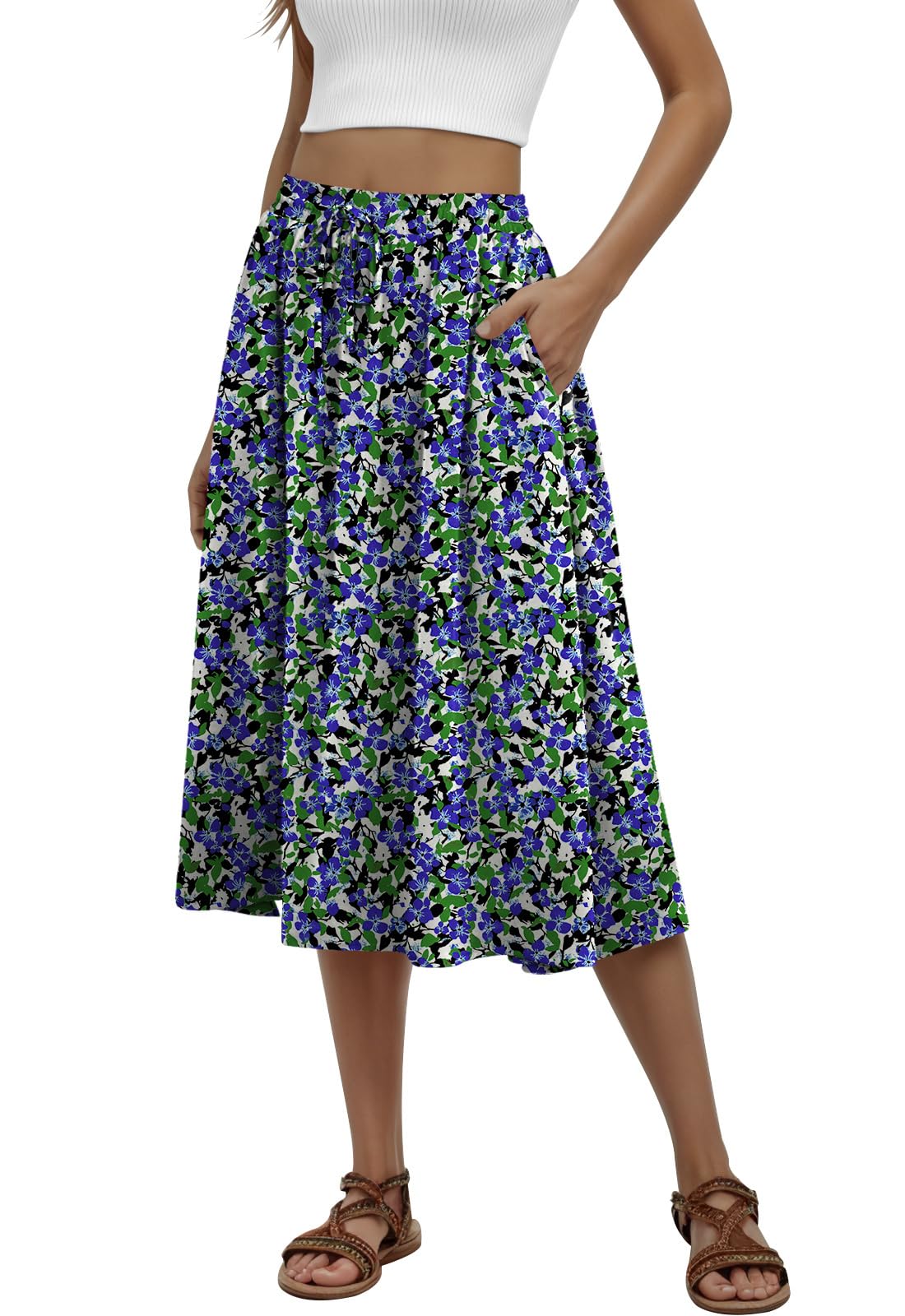 MLXSJ Women's Midi Skirt Summer Pleated Flowy Skirts with Pockets S-3XL
