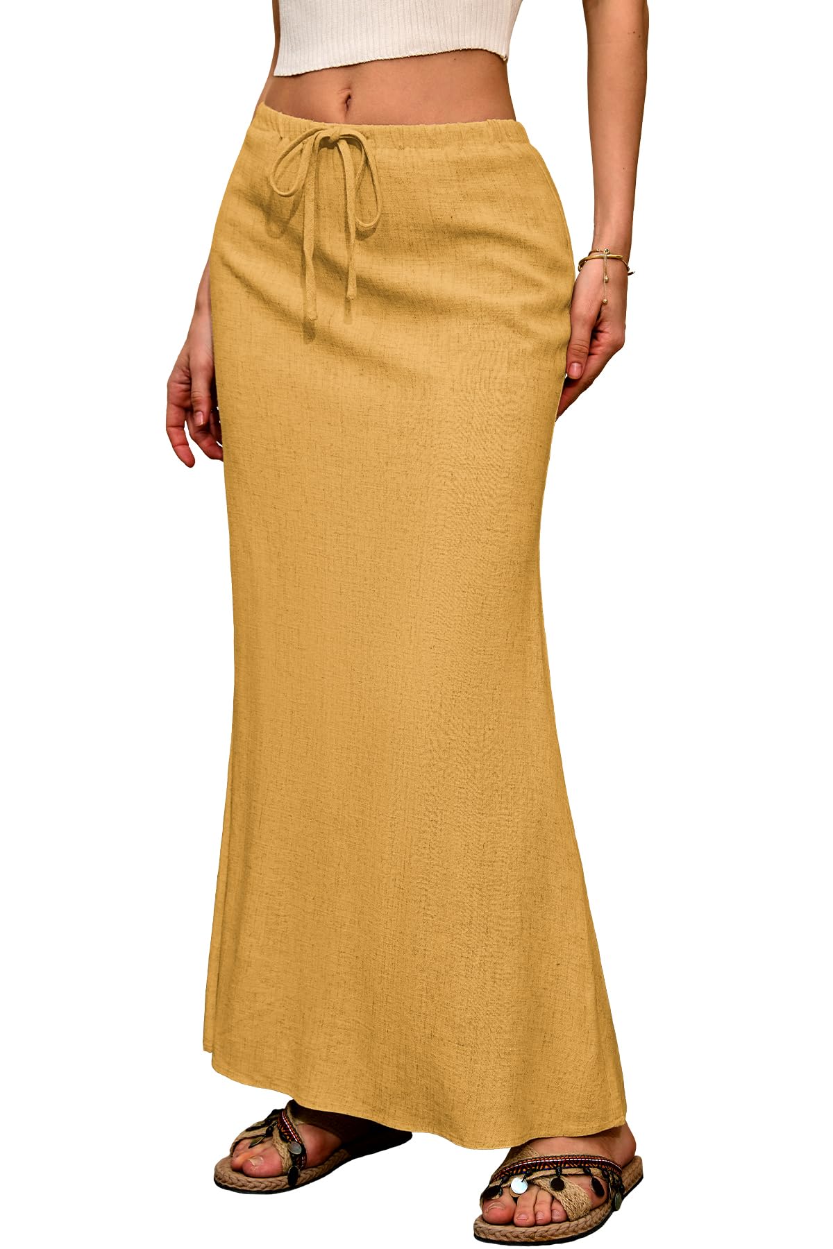 ELLEVEN Linen Flared Maxi Skirt, Boho Flowy Ankle-Length Skirts for Women