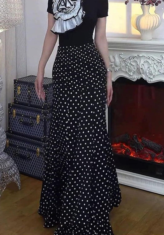 Women's Chiffon Polka Dot Maxi Skirt Ruched Mermaid Ruffle Skirts
